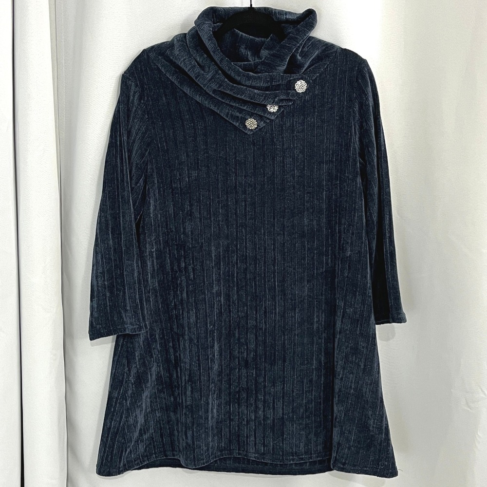indigo soul L Navy Blue Velvet Ribbed Cowl Neck Sweater 3/4 sleeve